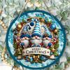 Blue Gnome Winter Holiday Sign Round Wooden Hanging Plaque Home Wall Decor Christmas Front Door Hanging Ornament Festive Gift Indoor Display