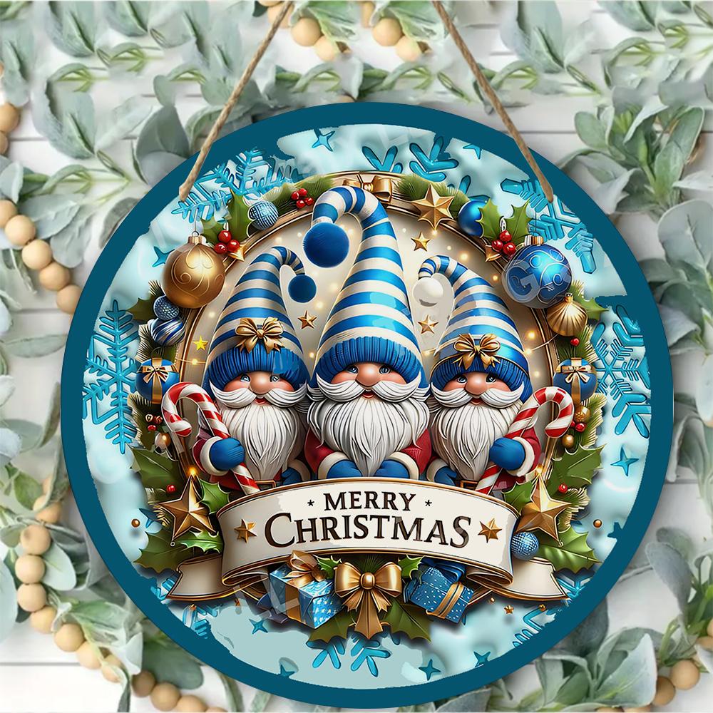 Blue Gnome Winter Holiday Sign Round Wooden Hanging Plaque Home Wall Decor Christmas Front Door Hanging Ornament Festive Gift Indoor Display