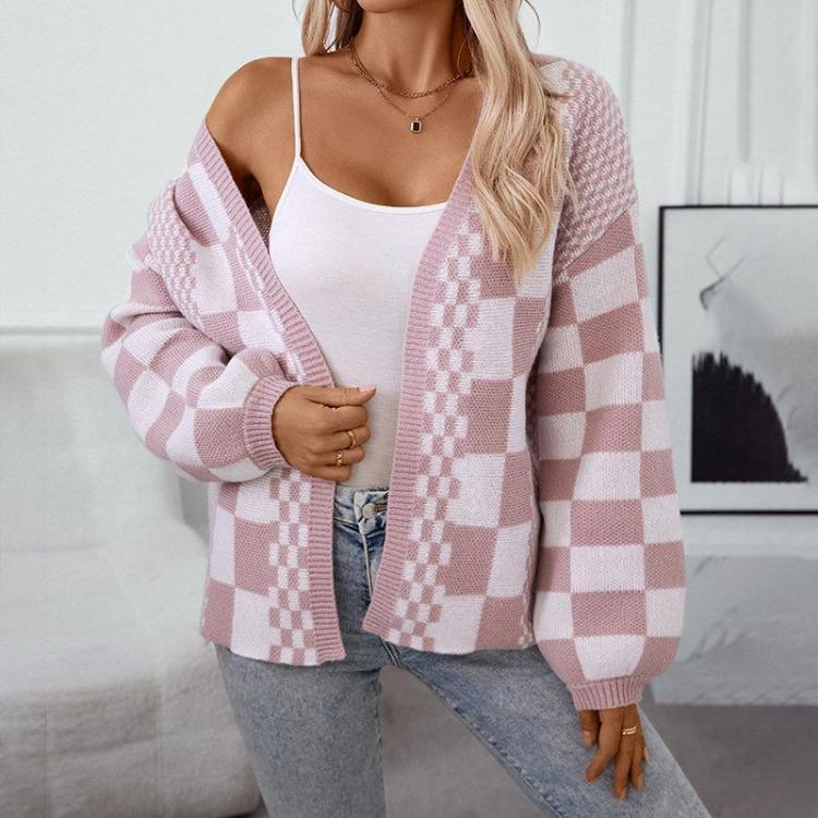 Loose Knitwear Cardigan Long Sleeve Vintage Print Top Sweater for Autumn Winter V Neck