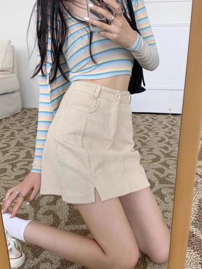 Women's High Waist Corduroy A-line Skirt – Autumn/Winter, Plus Size, Slimming Bodycon, Coffee Color, Petite