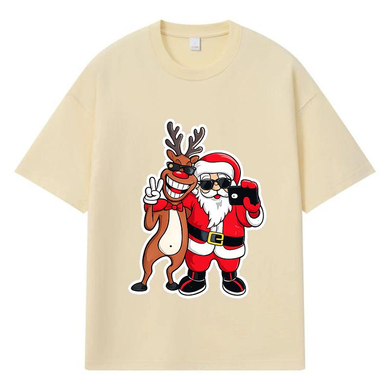 2026 Weihnachtsmann und Rentier Bedrucktes Grafik Y2k Harajuku Streetwear 100% Baumwolle T-Shirt Lässig Übergroß Sommer Herren T-Shirt