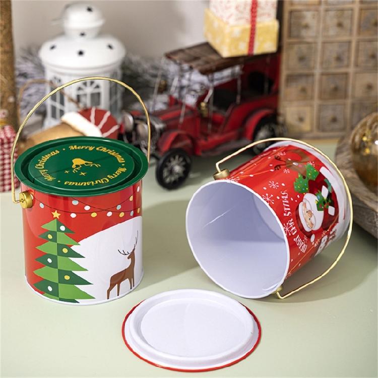 2pcs Decorative Christmas Candy Boxes Handheld Round Bucket Portable Sweets Tins with Handle for Family Gathering