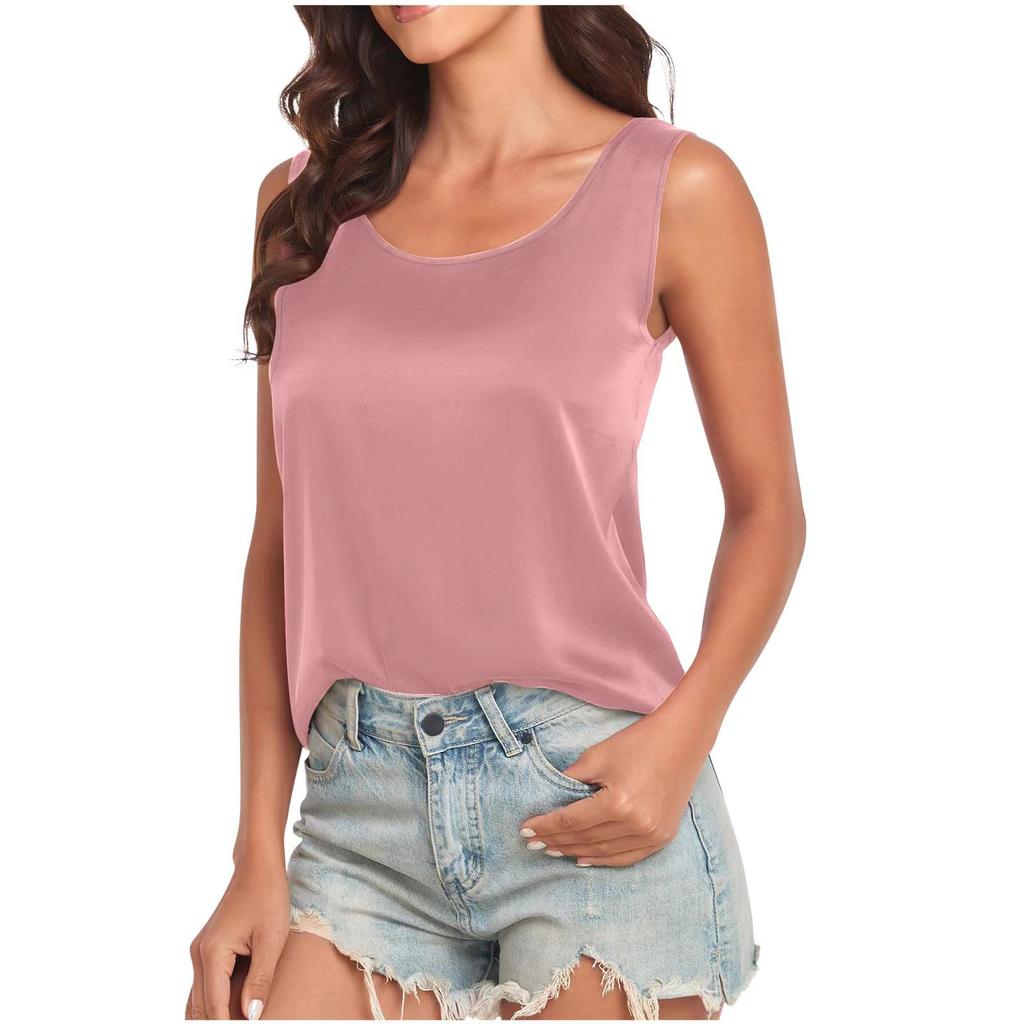 Women's Satin Round Neck Sleeveless Casual Tank Top Solid Color Camisole Blouse