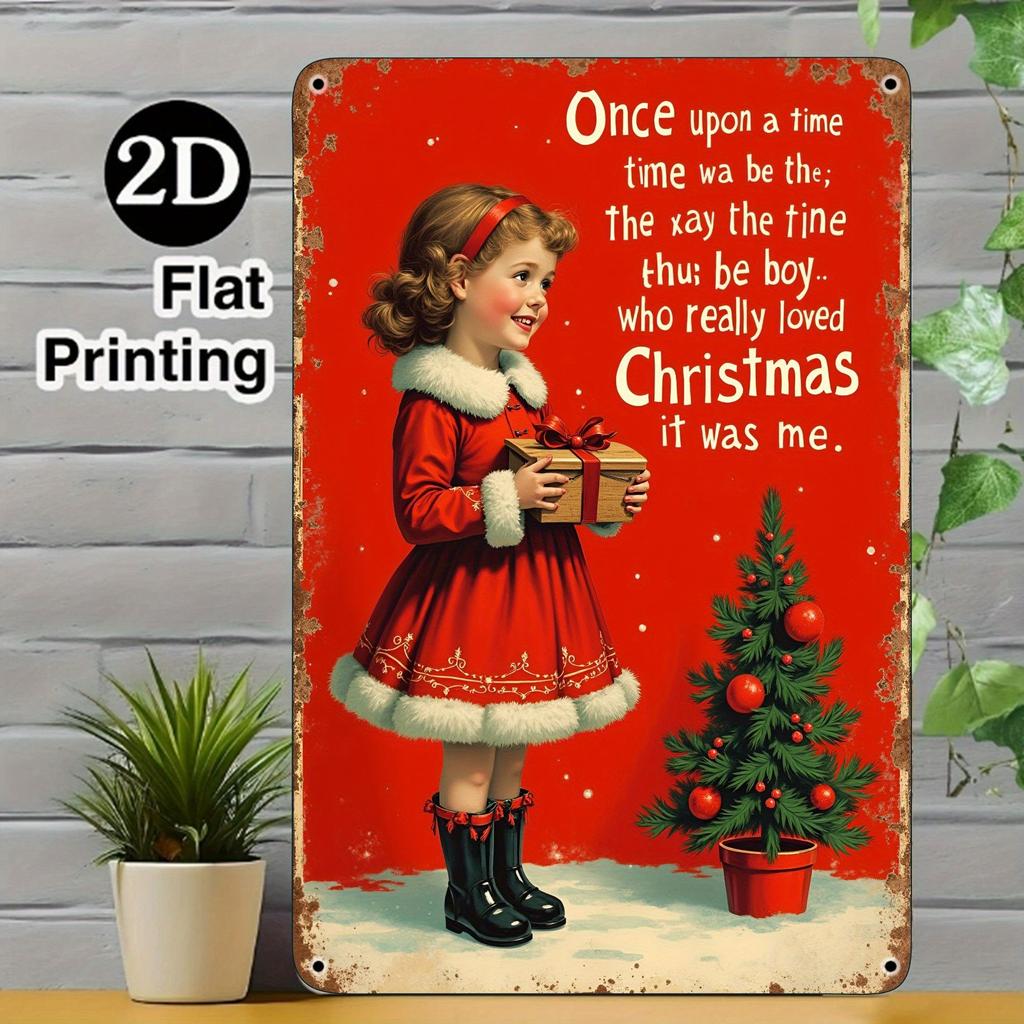 Weihnachts-Blechschild 2D Flache Wanddeko Metallplatte Hängendes Ornament Mädchen