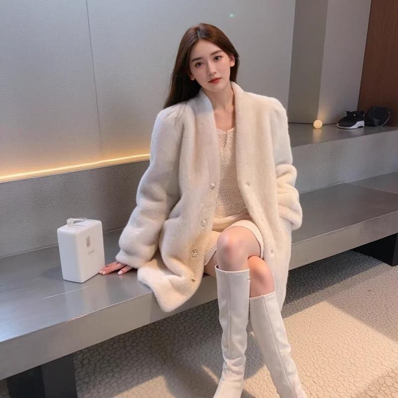 

Куртка Мао Мао осень и зима новая имитация меха норки на ощупь средней длины модное меховое цельное пальто L белый