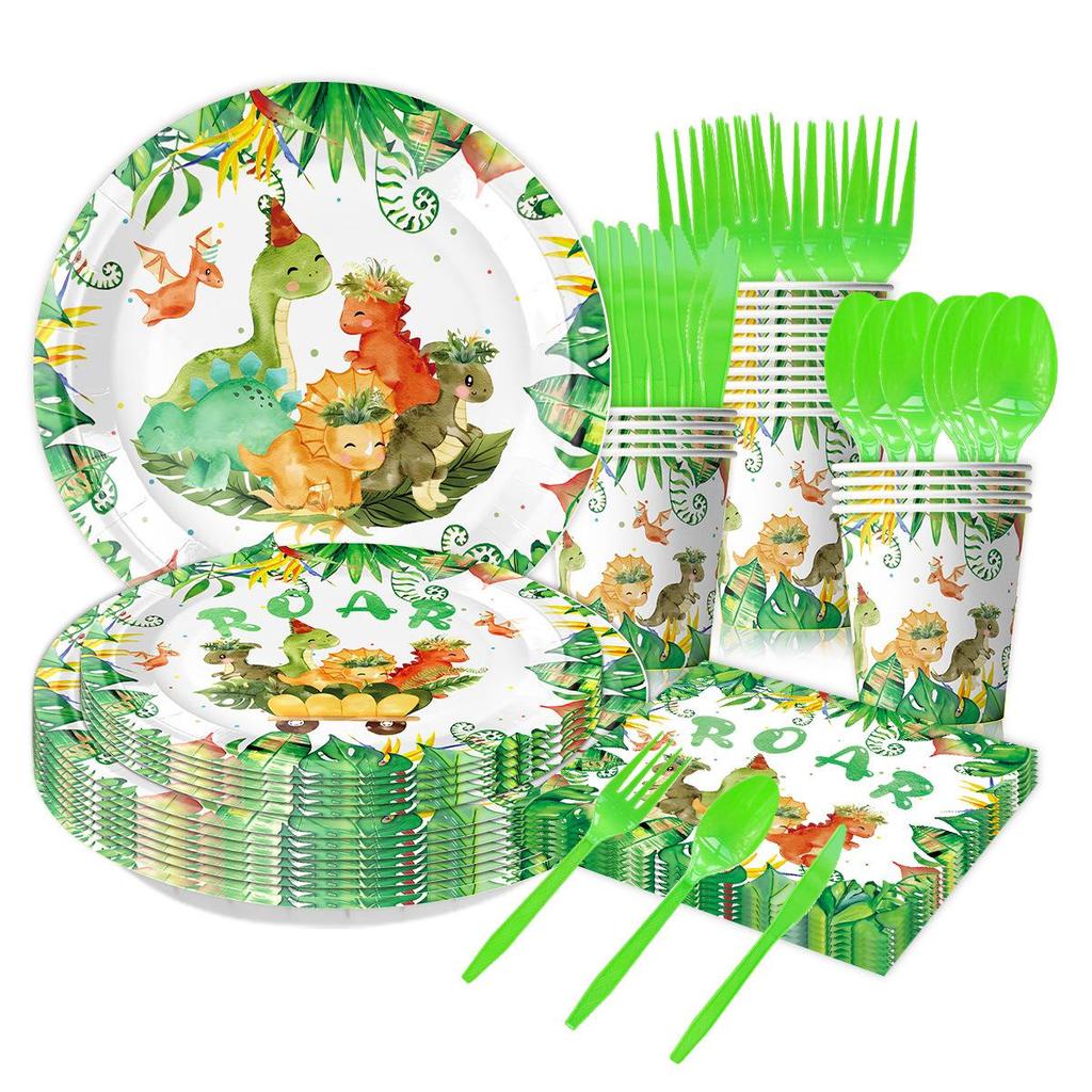 Watercolor Dinosaur Birthday Party Set: Paper Plates, Cups, Napkins for Kids