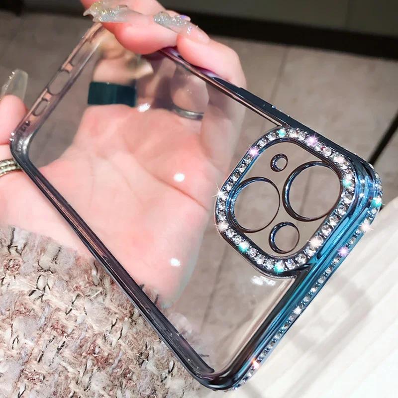 Luxury Plating Glitter Diamond Transparent Case For iPhone 16 15 16E 12 14 13 Pro Max Plus Female Soft Silicone Shockproof Cover