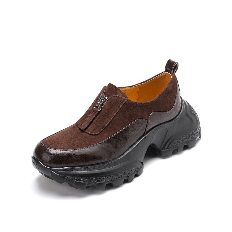 Coarse Heel Muffin Thick-soled Sheepskin Single Shoes Women's 2025 Spring Splicing Waterproof Table Round Head Ultra-light Casual Loafers