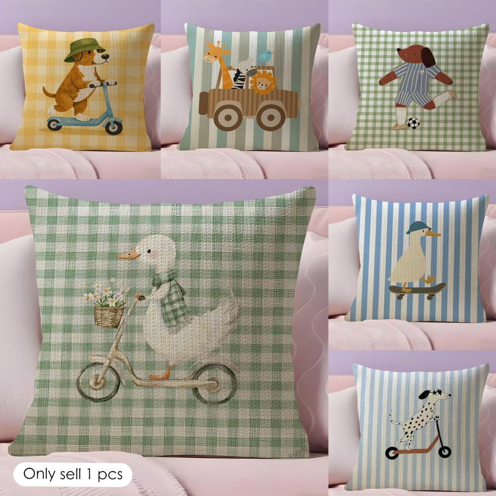 Cute Funny Animal Ins Cartoon Cushion Cover Natural Linen Organic Fabric DoubleSided Printing Sofa Home Decor Gift Pillow Case