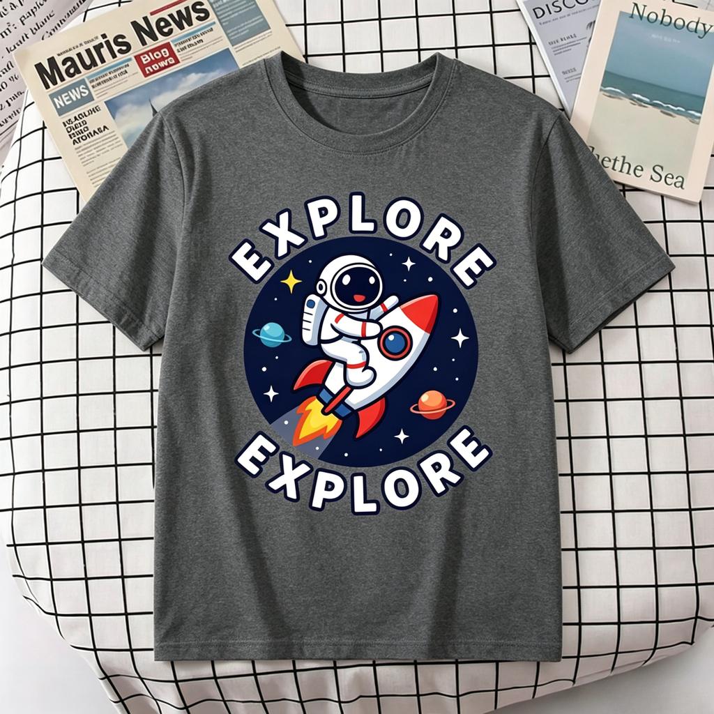Unisex 100 Cotton TShirt Explore Cute Astronaut Ride Rocket Planet Star Space Print Oversize Casual Short Sleeve Tee