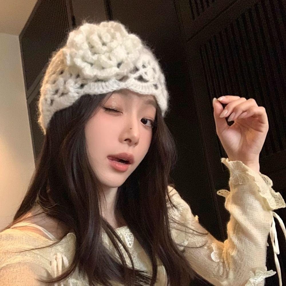 Hollow Out Crochet Hollow Flower Knitted Hat Warm Cap Knit Cap  Apparel Accessories