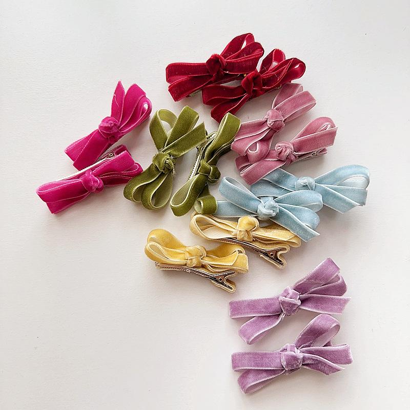 European-style Simple and Sweet Candy-colored Velvet Bow Tie Children's Cute Matching Accessories with Side Clips and Hair Clips