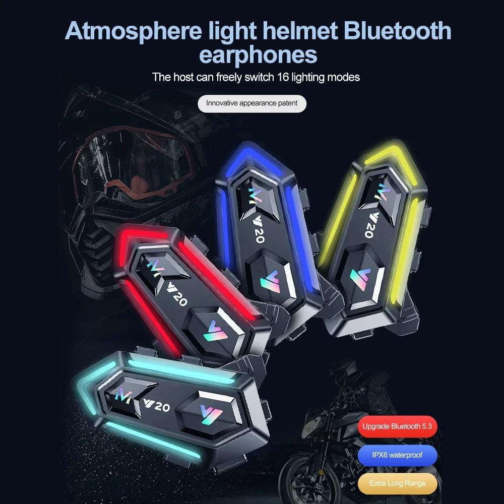 Y20 Motorcycle Helmet Bluetooth Headset with RGB Light Handsfree Call Noize Reduction Waterproof Wireless Motobike Headphone 1000Mah