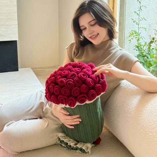 Rose Bouquet Pillow 2-in-1 Decorative Knitted Throw Pillow Blanket Machine Washable Bouquet Cushion for Couch Sofa Bed Anniversary Gift