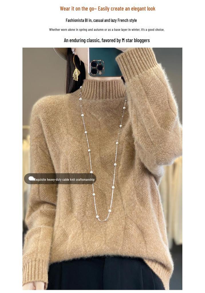 Women's Thickened Pure Wool Sweater - Half-High Collar, Full Body Cable Knit, Loose Fit, Versatile Drop Shoulder Design.