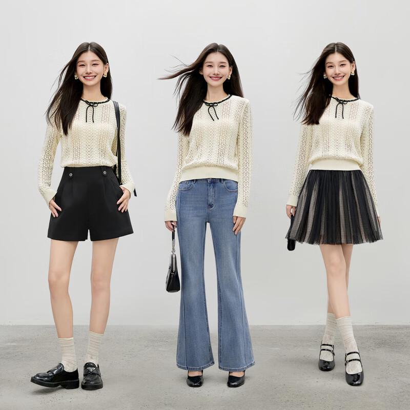 Qiusi Yiren Perlenbesetztes Schleifenmuster Hohlstrickoberteil