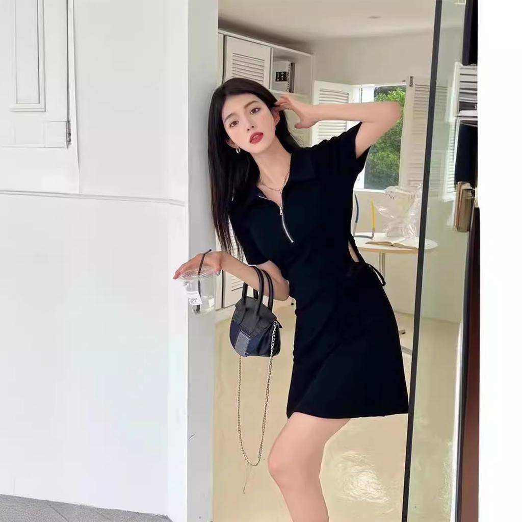 Casual age-reducing polo collar dress women's summer new drawstring hollow pleats waist thin short skirt