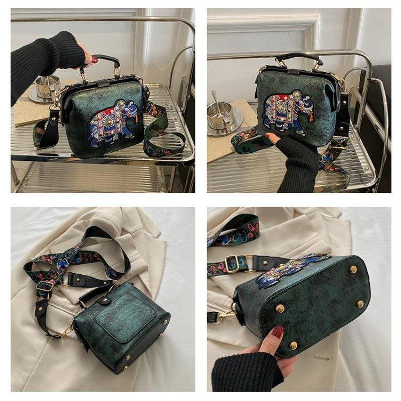 Vintage Embroidery Elephant Women's Handbags Soft PU Leather Thailand Exotic Portable Women's Messenger Bag Fashion Female Small Square Crossbody Bags
