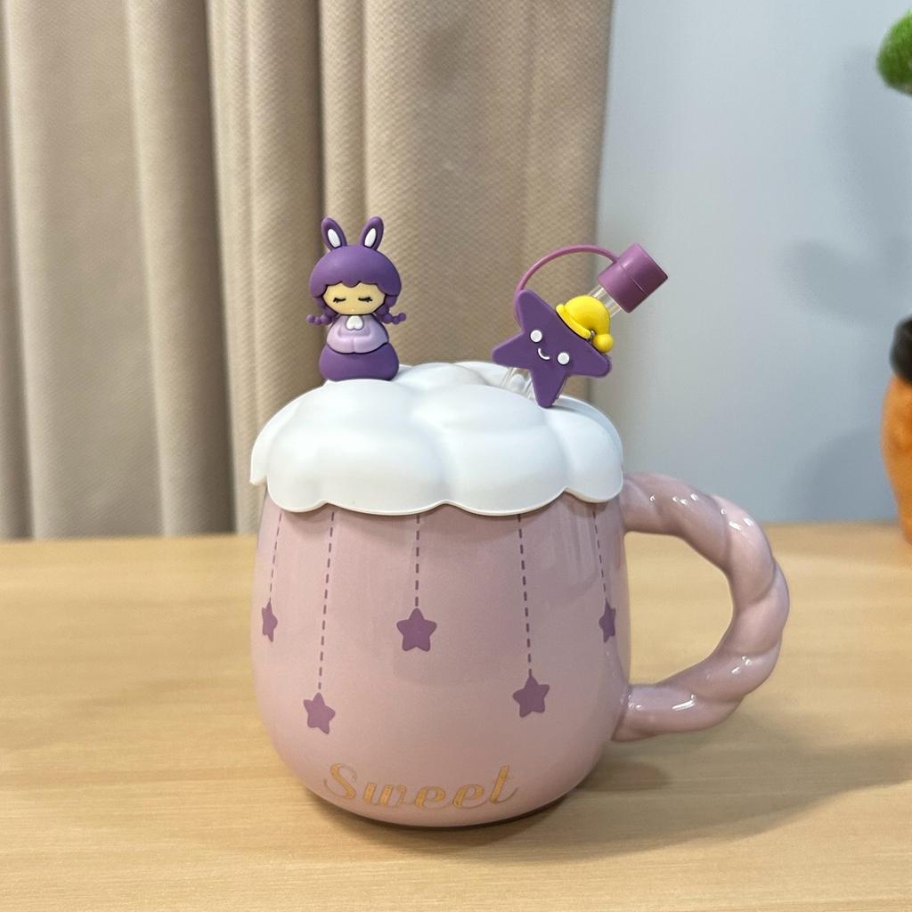 Blaues Mädchen Keramiktasse Große Kapazität mit Deckel Löffel Große Bauch Tasse Trinkwasserbecher Geburtstagsgeschenk für Mädchen Praktisch