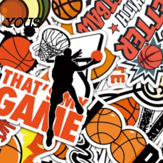 Trendy Sports Gifts 50Pcs Basketball Graffiti Stickers, Cool Cartoon Sport Themed Stationery Storage Box Decor Waterproof Decals for Skateboard,