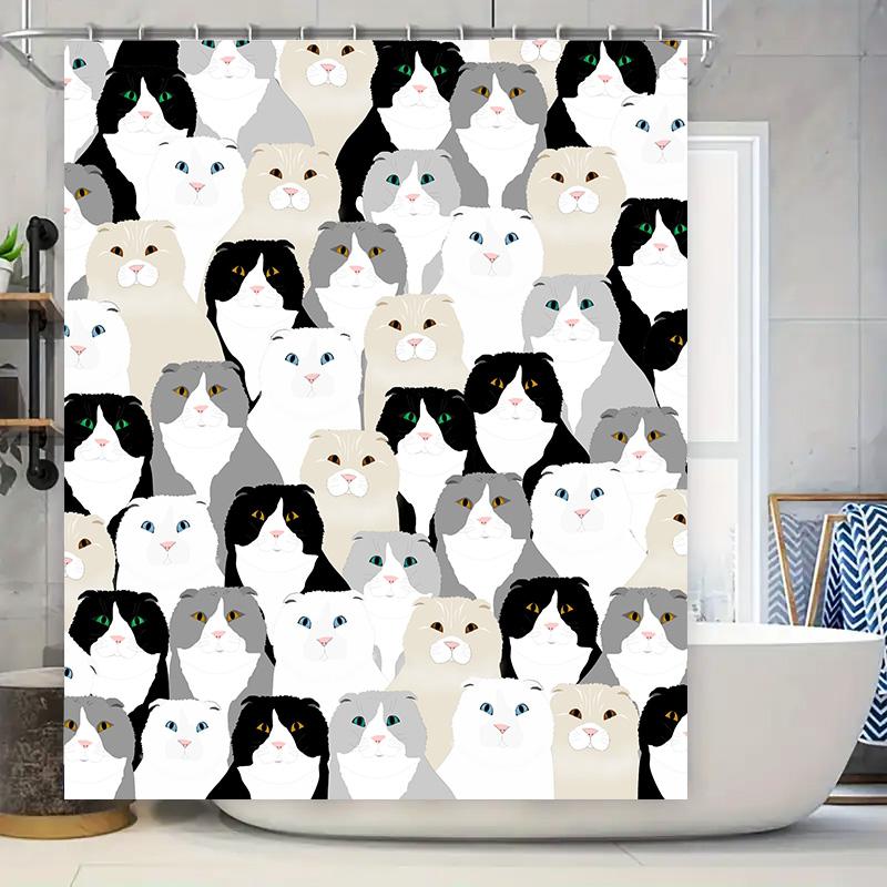 

Black White Grey Cats Shower Curtain Cute Animal Pattern Bathroom Decor Waterproof Fabric Bath Rug Set For Home Decoration W60H190(CM)-1 Pcs