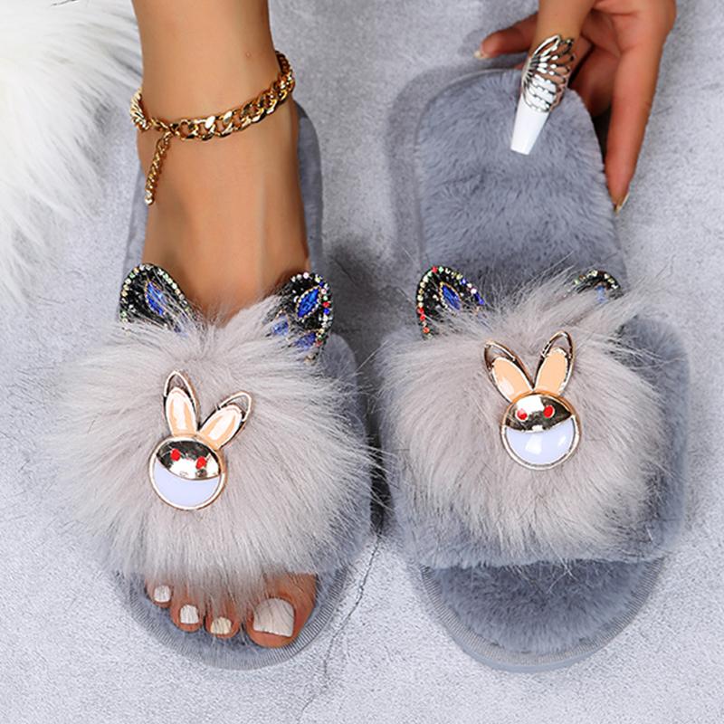 Fashion Cute Cartoon Animal Fur Slippers Women Open Toe Lightweight Plush Slippers Woman Winter Indoor Faux Fur Cotton Slides Ladies