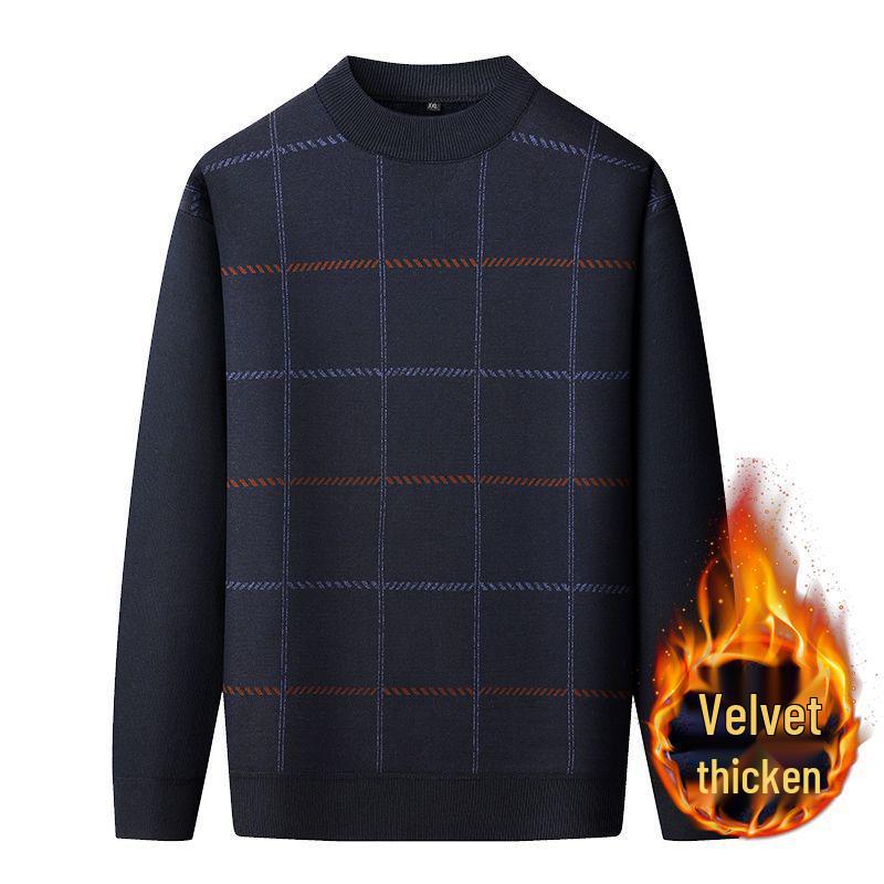 Warmer Herren-Pullover mit Karomuster und Plus-Samt für mittleres und älteres Alter (50er-60er Jahre) - Herbst/Winter Rundhals Basisschicht