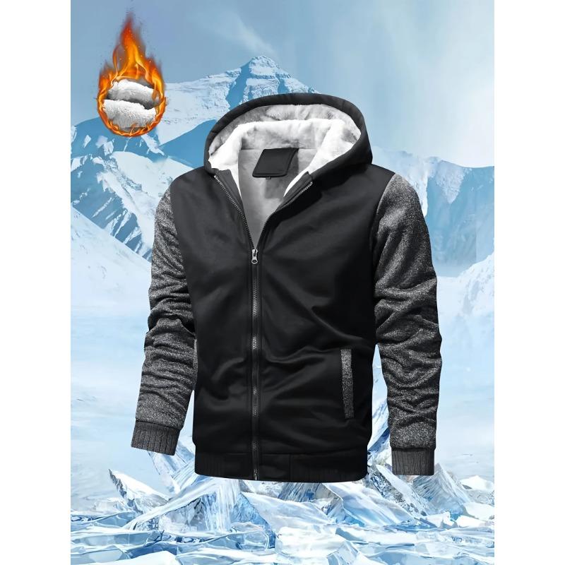 Men's fleece jacket; autumn and winter thickened warm color matching jacket; zipper hooded sweatshirt.