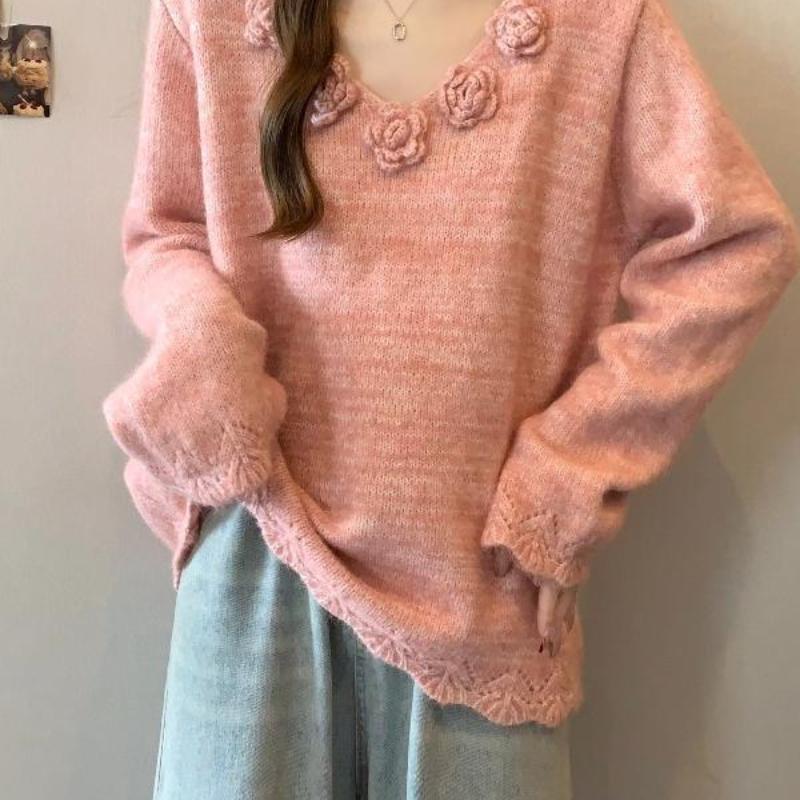 

Женские трикотажные свитера с объемными цветами, корейские, с V-образным вырезом, однотонные, женский свитер, осенний модный пуловер, женские вязаные топы Onesize