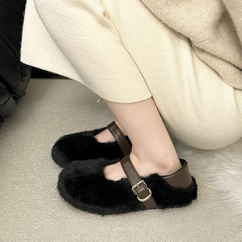 Xiaoxiangfeng Fluffy Shoes Women's Flat-bottomed Cotton Slippers Autumn and Winter Outer Wear Design Sense Soft-soled Mary Jane Velvet Single Shoes