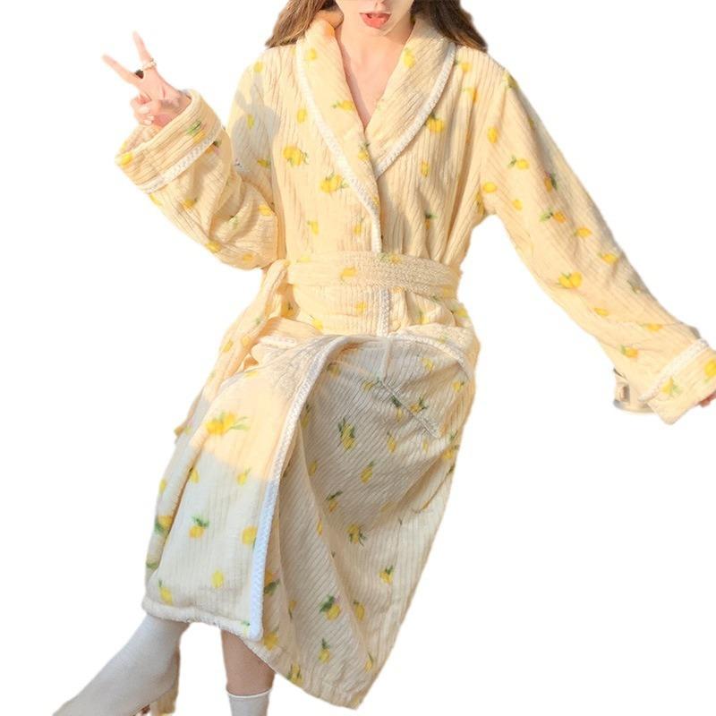 Autumn And Winter Thickened Bathrobe Women'S Coral Fleece Pajamas Sweet And Cute Princess Style Pajamas Loungewear Medium And Long Pajamas