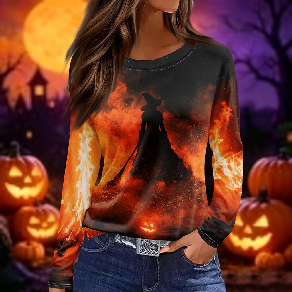Women's Long Sleeve Round Neck Halloween Print Tunic Top for Parties and Everyday Wear