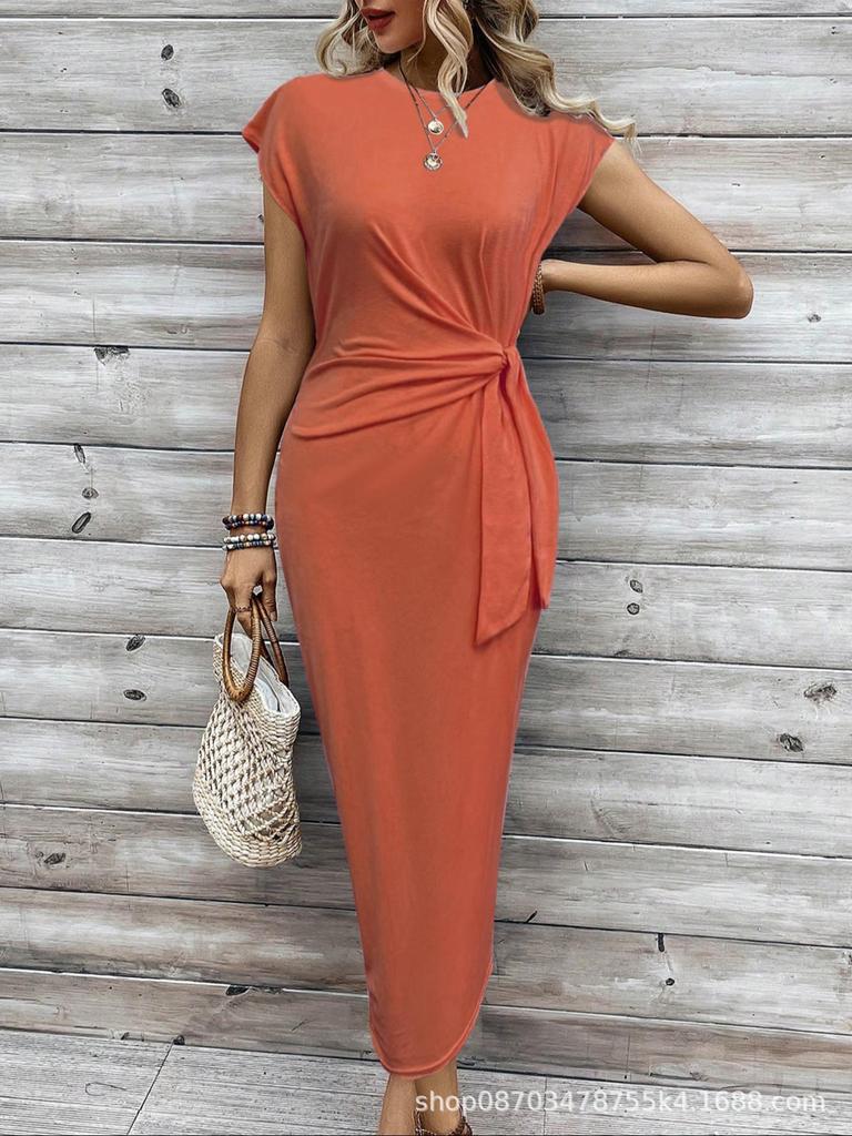 Sommer Damen Langer Rock O-Ausschnitt Kurzarm Gestreift Tailliert Mode Schlank-schlank Urlaub Party Freizeitkleid