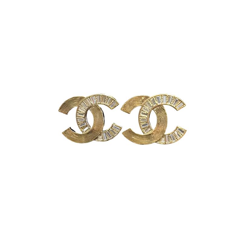 CHANEL [24S new product] new golden square rhinestone double spelled double C stud earrings