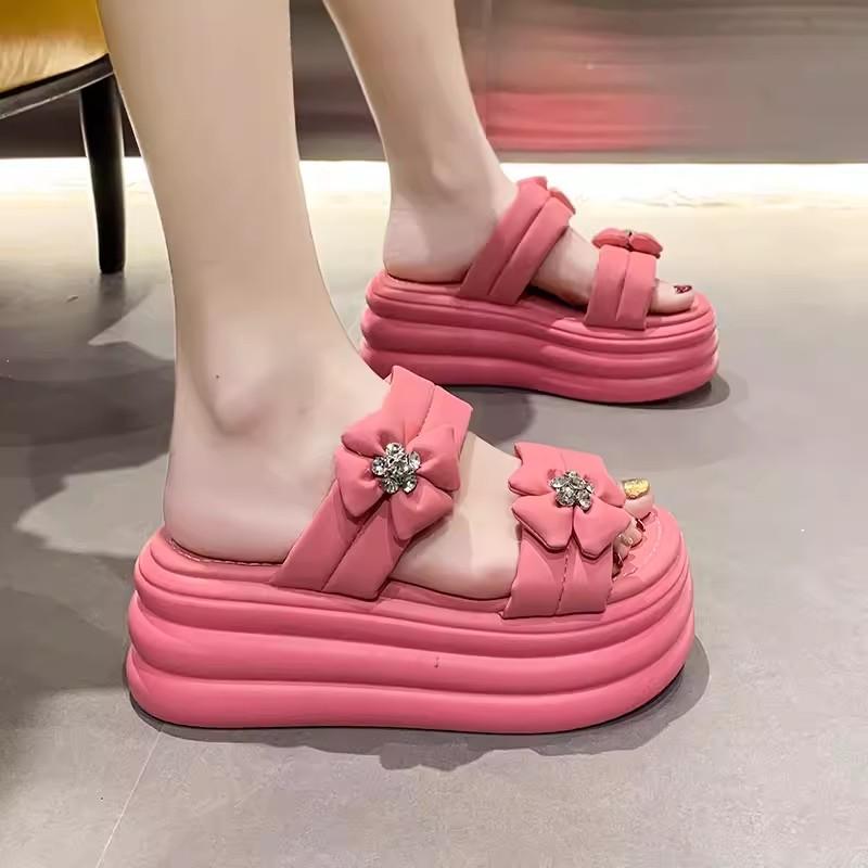 Fashion 8cm Woman Slippers 2024 Summer Fashion Sweet Female Casual Platform Shoes Microfiber Leather Women Outdoor Slides Heels