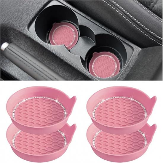 Bling Car Cup Holder Coaster, 4 Pack Universal Ert Coasters With Crystal Rhinestone, Silicone Non-Slip Shockproof Drink Mat, Car Interior Accessories