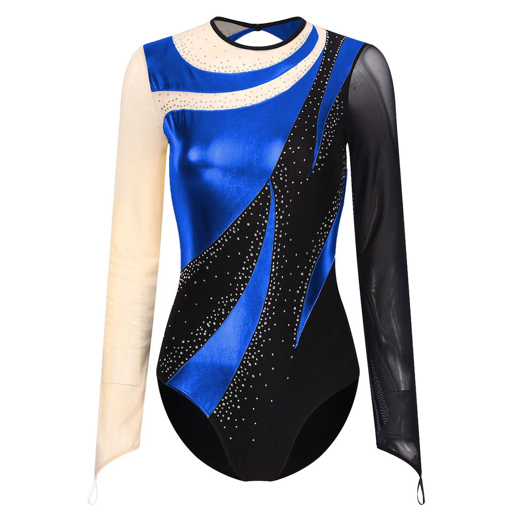Womens Gymnastics Performance Metallic Patchwork Sheer Mesh Long Sleeve Leotard Cutout Back Shiny Rhinestone Bodysuit Dancewear