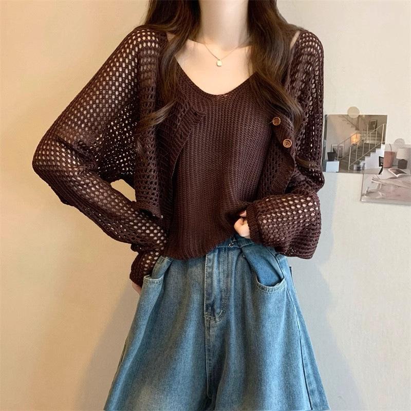 Long-sleeved Hollow Suspenders Two-piece Knitted Sweater Spring and Summer New High-end Blouse Versatile Pure Desire Top Coat
