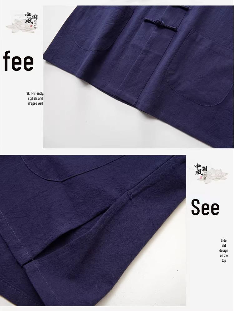 Men's Chinese Spring/Autumn Cotton Linen Tang Suit: 3-Piece Hanfu with Frog Buttons, Monk & Tea Ceremony Robe