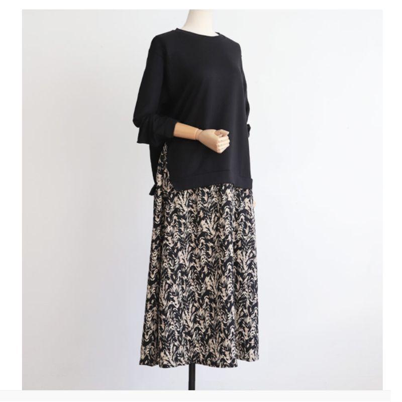 European Station Plus Size Women's Clothing Spring and Autumn New Round Neck Knitting Long Sleeves T-shirt Stitching Printing Large Swing Dress Dress