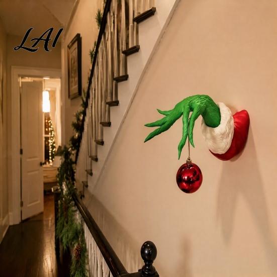 Atmosfera Festiva Natalizia Decorazioni Elfo Mano Albero con Palline Rosse Appese Scultura in Resina Verde Decorazione Natalizia Supporto Divertente per