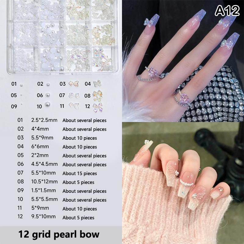 12 Grids 3D Nails Charms Mixed Special-Shaped Diamonds Flat Bottom Diamonds Pearl Sequins Butterfly Diy Manicure Parts