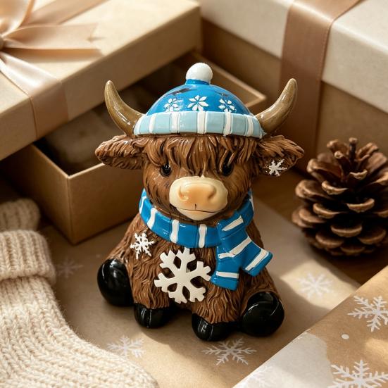 Decorative Highland Cattle Statue Winter Cow Resin Figurine, for Animal Desk Decor, Shape Ornament Home Office