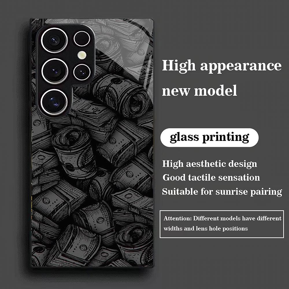 Banknote Black Tempered Glass Phone Case Suitable for Samsung Galaxy S26 S25 S24 S23 S22 S20 FE/Ultra/Plus Anti Drop Back Cover