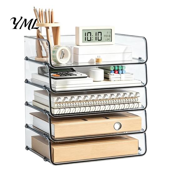 Stationery Storage Tray Clear Acrylic File Organizer Tray, 1/2/3/4/5 Tier Paper Ducument Document Holder Box, Stackable Office Supplies Desk Rack Box