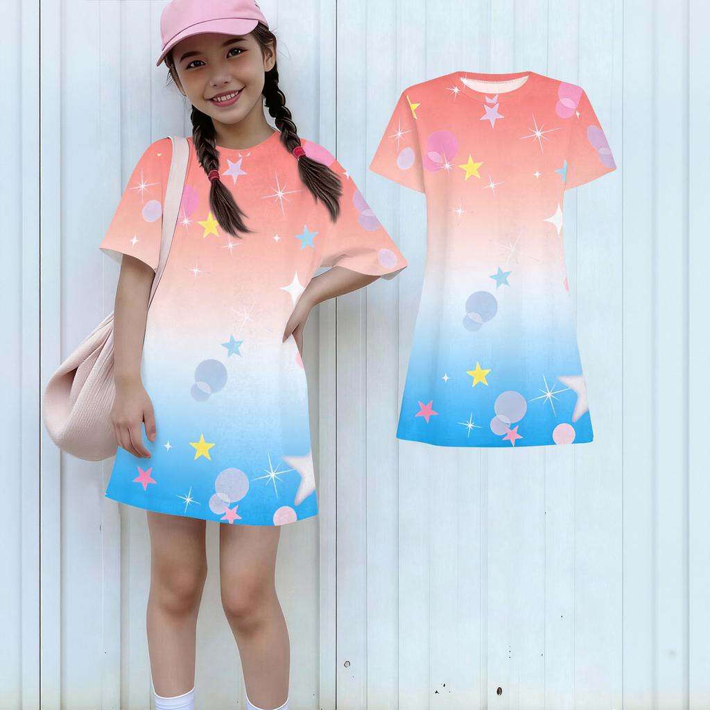 Girls Print Casual Dress Kids Loose Round Neck Short Sleeve Thin Sundress