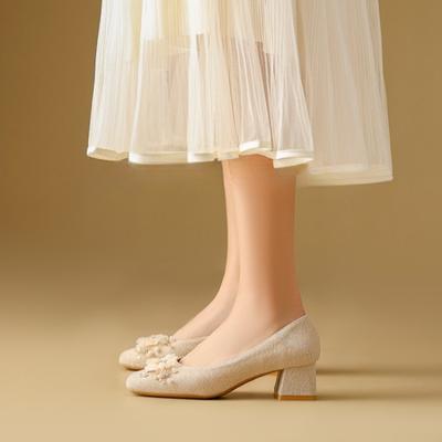 Flower High-heeled Single Shoes Autumn New Square Toe Shallow Cuff Foot Non-slip Wear-resistant Block Heel Shoes
