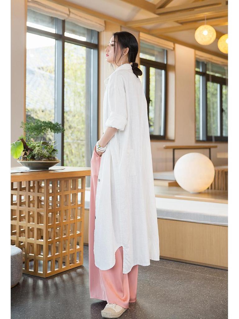 Women's Distressed Ramie Trench Coat: Casual, Slimming, and Elegant Long Cardigan