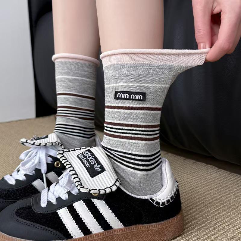 Women's Mid-Calf Striped Slouch Socks - Korean Style, Breathable Cotton for Spring & Autumn