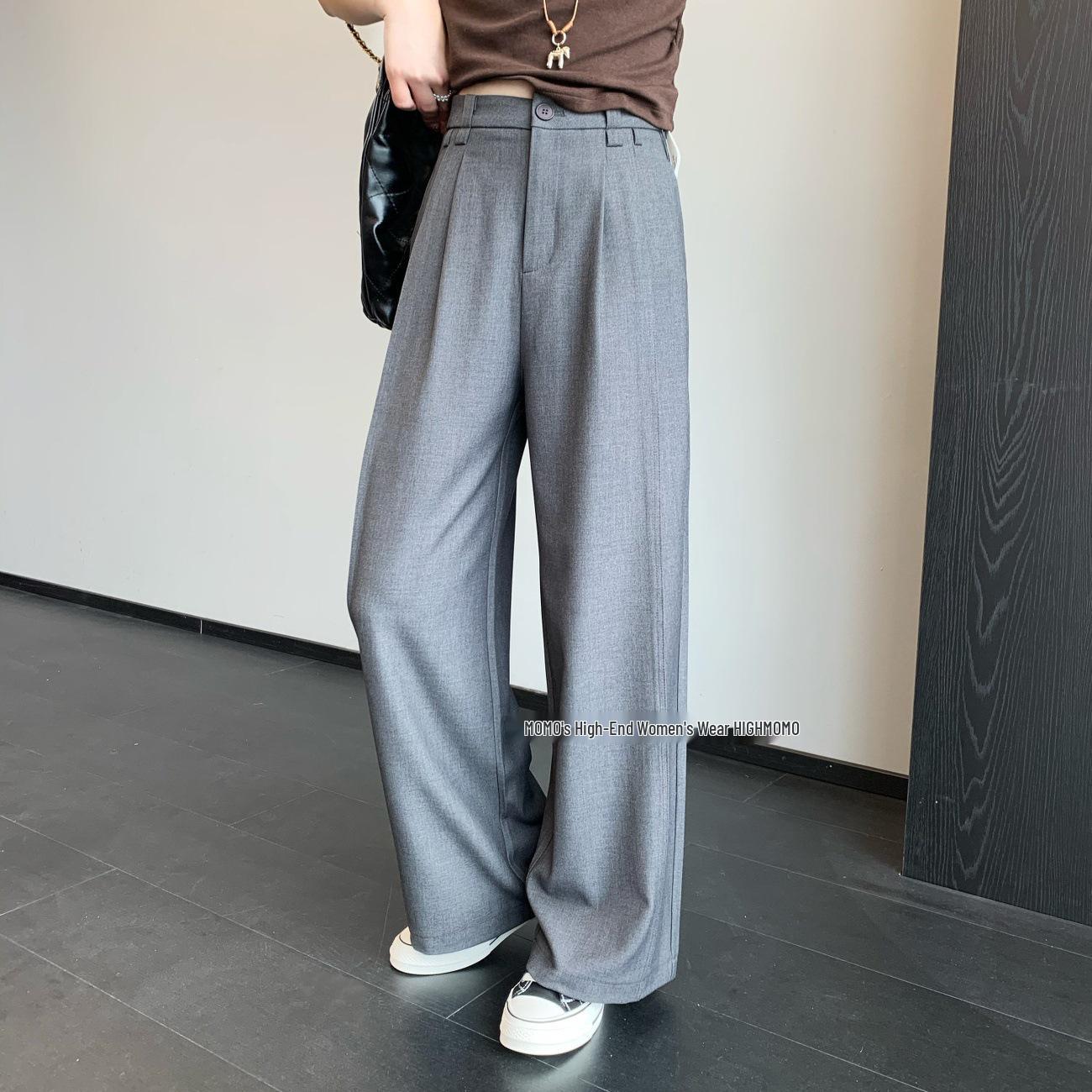 Temperament Gray Cupro Wool High-Waisted Straight-Leg Slimming Women s Casual Pants XL